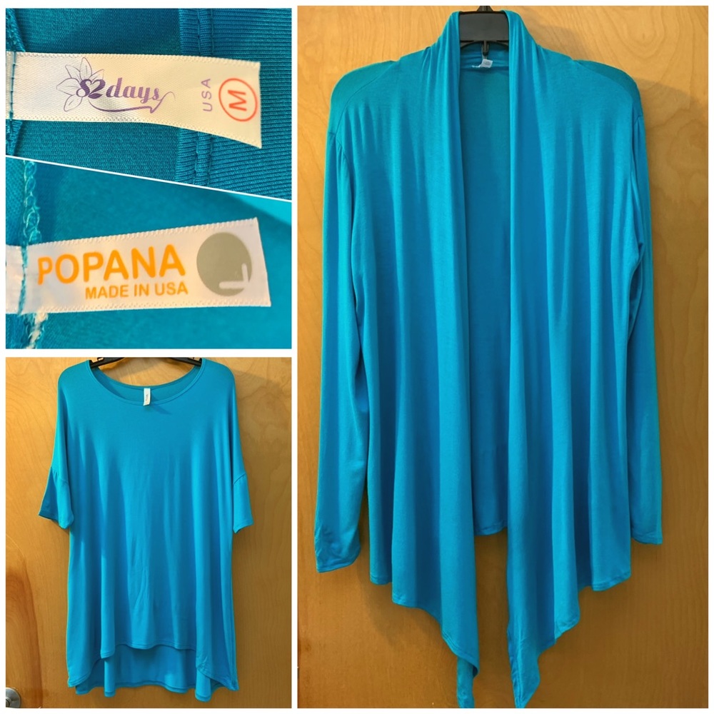 🔥5/$20🔥 “Popana” Turquoise Stretch Rayon Cardigan and Tee Tunic size M & L